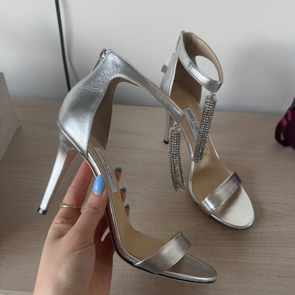 NWT Jimmy Choo Viola 100 Metallic Nappa Leather Crystal Chandelier Ankle Strap - Picture 8 of 16